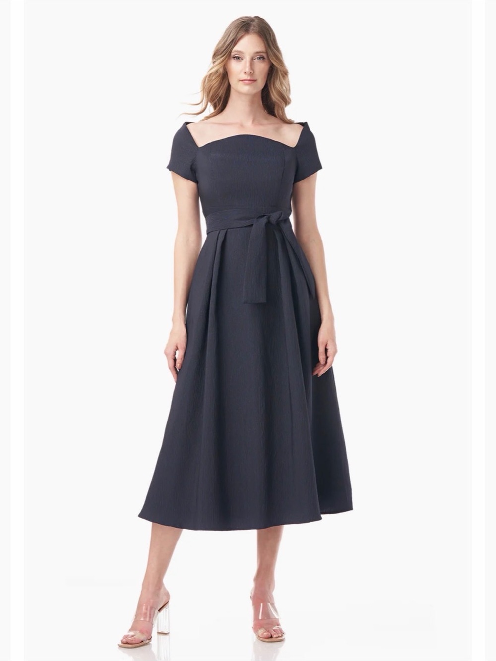 Kay Unger Francesca Tea Length Navy & Black Dress Belted Women's Size 12 Pockets